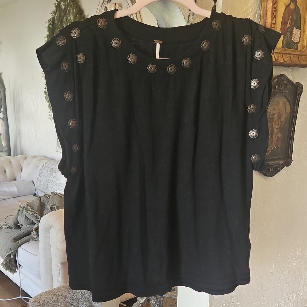NWT Free People Black Top with Silve Accents